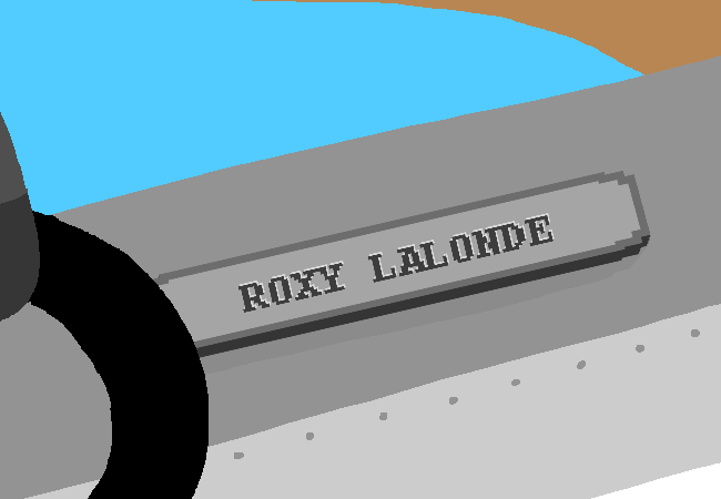 A gray placard that reads "Roxy Lalonde".
